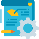 Icon of the paper with graphs, pencil and gear.