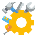 Icon of the gear with hammer, ruler, wrench, measuring tape and saw