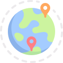 globe with dotted circle around it and two location icons on opposite sides