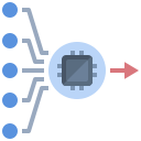 Blue dots connecting into a chip in a blue circle with a red arrow coming out of the other side