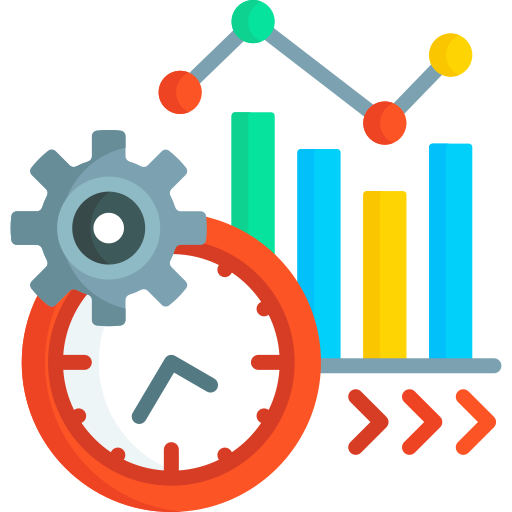 Icon of the gear, clocks, and the colorful graph.