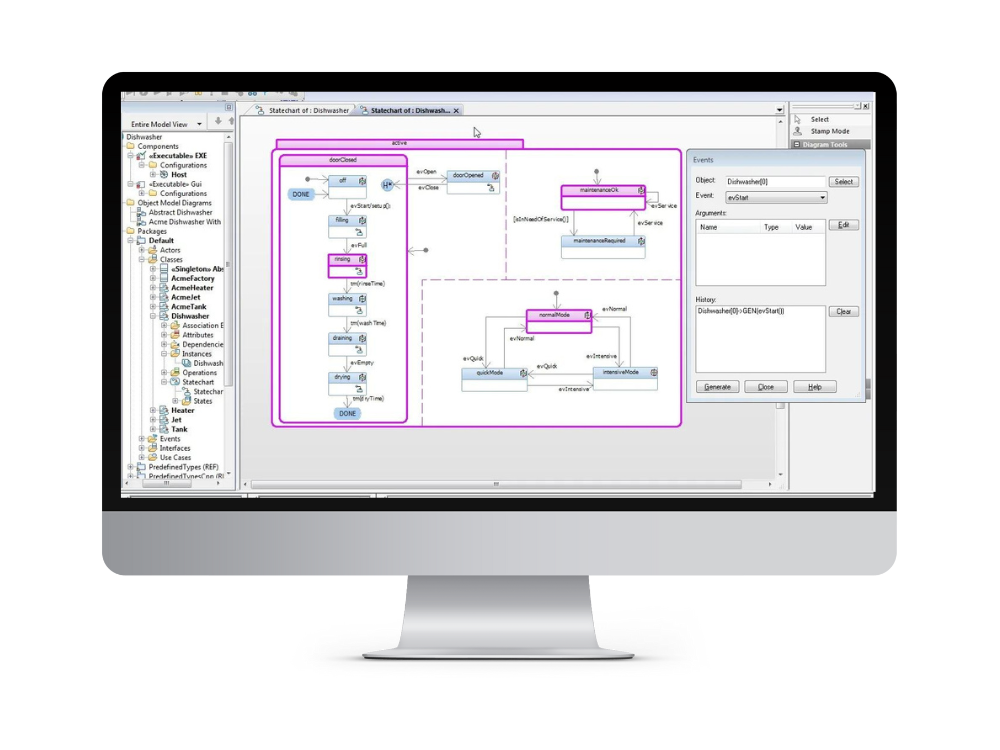 IBM ELM Interface with modeling and simulation tree graphs and data