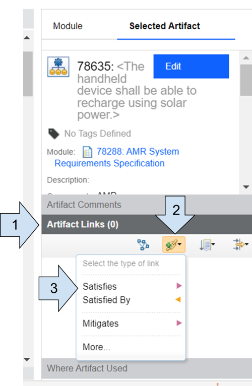 When in selected artifact window, click the chainlink icon that is the second in the selection and select satisfies