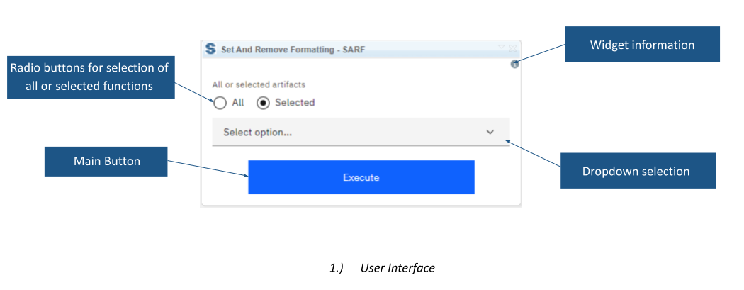 User Interface = widget information, main button, dropdown selection, radio button for selection of all or selected functions