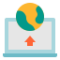 Computer with a small red upwards arrow on screen with a yellow circle with clouds inside on top of it