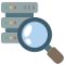 Magnifying glass with servers behind it